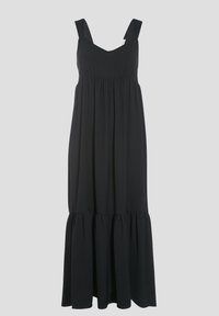 Robe maxi noire avec décolleté en V, bretelles épaisses et corsage froncé. Dotée d'un ourlet à volants pour plus de volume et de fluidité.