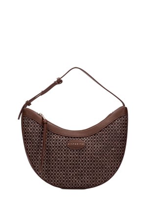 Sac à main marron en forme de croissant avec motif texturé, bandoulière réglable, fermeture éclair et plaque logo "Hispanitas" à l’avant.