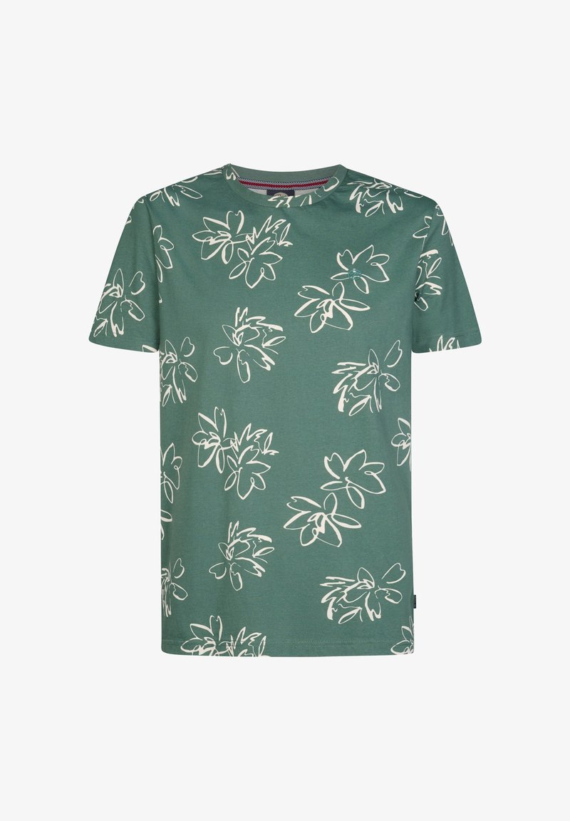 Tricou verde cu mâneci scurte, cu modele florale albe abstracte împrăștiate pe material.