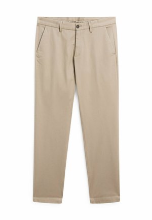 KHAKI-HOSEN aus glattem Stoff, mit zwei frontalen Taschen, einem Knopfverschluss und einem schmal geschnittenen Bein mit einem sauberen Saum.