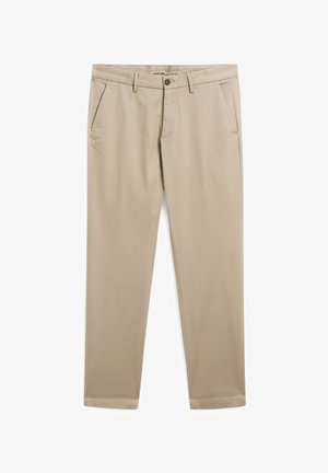 Khaki kalhoty vyrobené z hladké tkaniny, s dvěma předními kapsami, zapínáním na knoflík a zúženým střihem nohavic se čistým lemem.