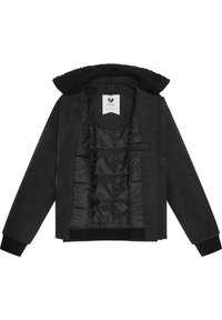 Black, wool-blend jacket with a fuzzy collar, quilted black lining, ribbed cuffs, and a zipped front. Tag visible inside with branding.