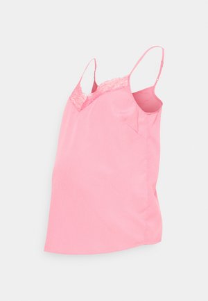 Top em camisolinha rosa feito de tecido leve com detalhes em renda ao longo da gola e alças finas ajustáveis; barra reta.