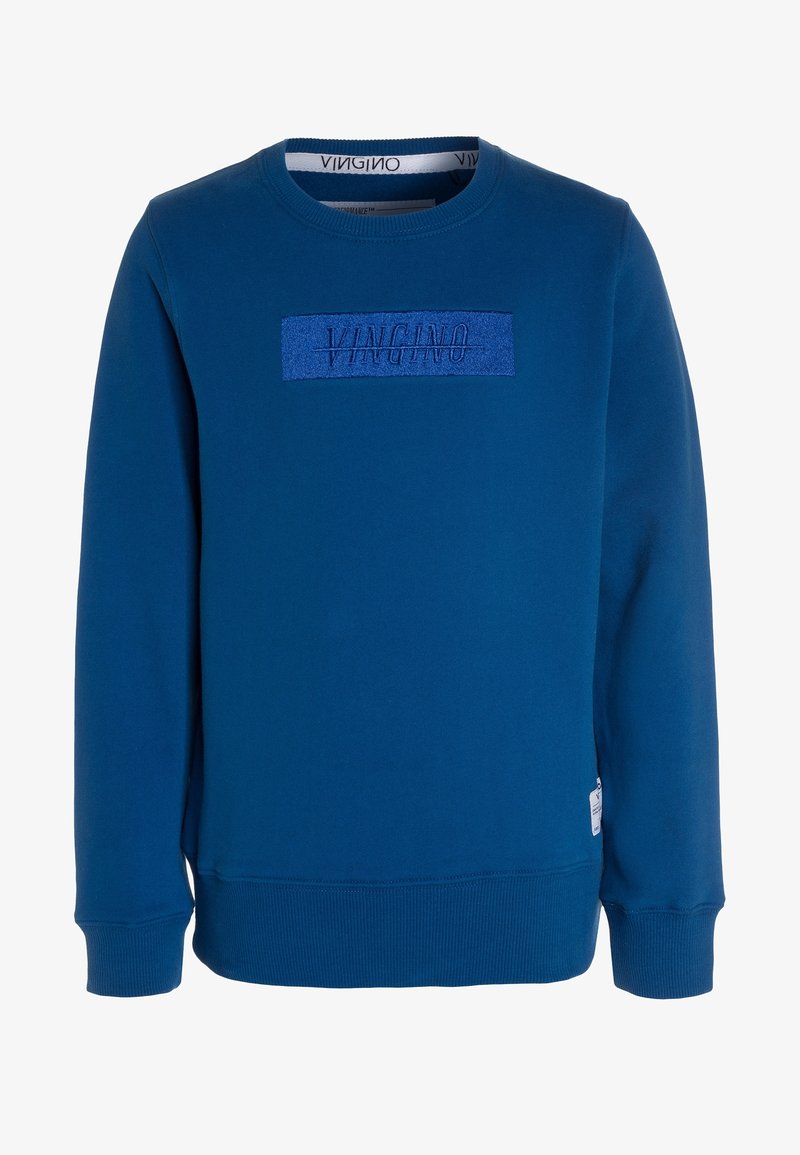 Sweatshirt bleu avec un patch rectangulaire texturé portant l'inscription "VINGINO" brodée en bleu plus foncé. Col rond et poignets côtelés.