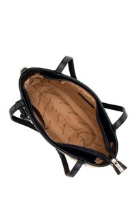 Sac à main en cuir noir avec un intérieur beige, doté d'une fermeture éclair et de quincaillerie dorée. Comprend le nom de la marque "WITTCHEN" répété sur la doublure.