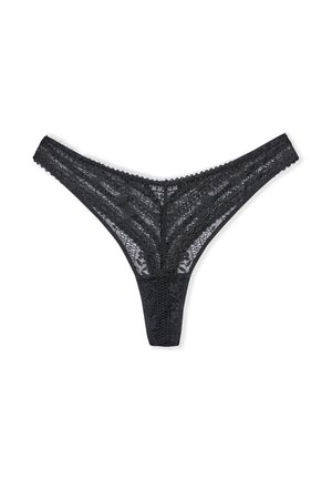 String in pizzo nero con motivo floreale, bordi a ondina e texture trasparente. Presenta una vita stretta e una forma triangolare.