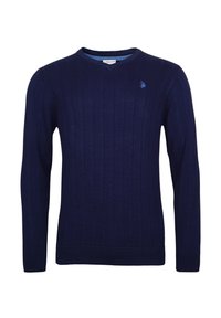 Marineblauwe gebreide trui met V-hals, met verticale ribbels en een klein geborduurd logo op de linkerborst.