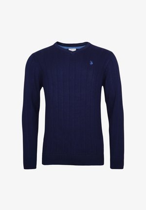 Granatowy sweter dzianinowy z dekoltem w serek, z pionowym prążkowaniem i małym haftowanym logo po lewej stronie klatki piersiowej.