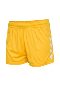 Pantalones cortos deportivos amarillos hechos de material ligero con una cintura elástica. Presenta detalles en blanco con forma de flecha en los lados.