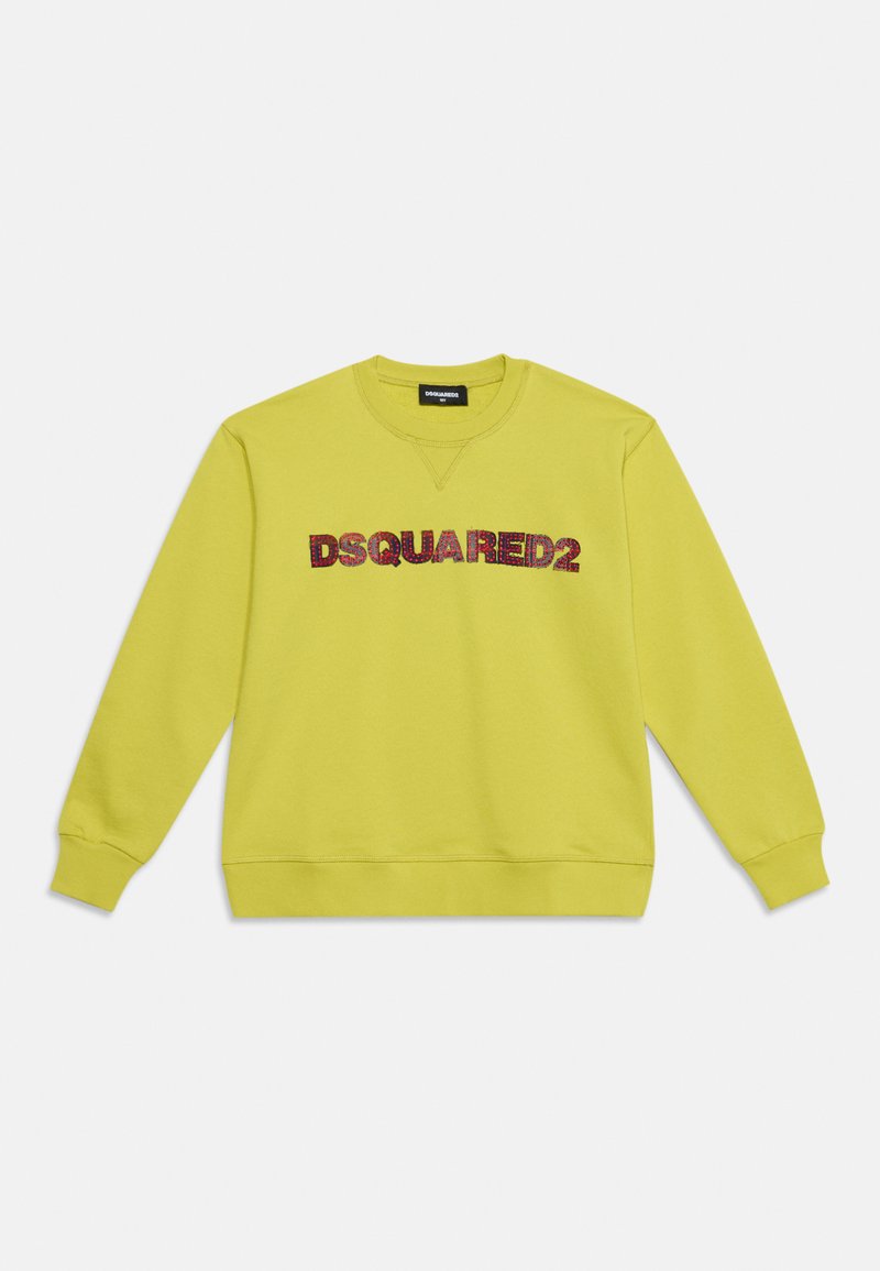 Жълт суитчър с червено и черно релефно лого DSQUARED2, поставено в центъра на гърдите, с ластични маншети и подгъв.