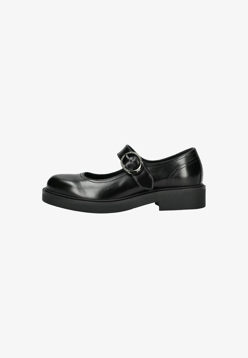 Black leather Mary Jane shoe with a rounded toe, flat sole, and a strap featuring a circular buckle detail. Smooth texture, minimalist design.