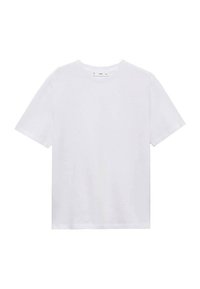 Vit bomull t-shirt med kort ärm och rund halsringning. Enkelt mönster utan mönster eller accenter, jämn textur.