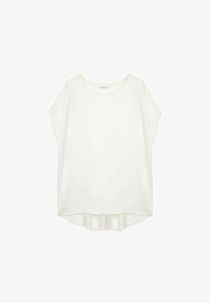 Weiße Kurzarmbluse mit rundem Halsausschnitt und leicht geneigtem Saum, auf einem weißen Hintergrund präsentiert.