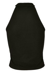 Svart ärmlös topp med hög krage, gjord av slät tyg. Har en figurnära design och en nederkant som lätt kurvar sig i botten.