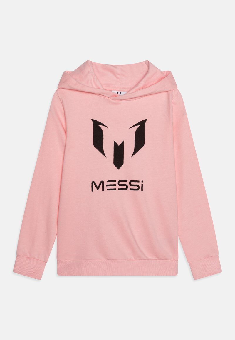 Ružová mikina s kapucňou vyrobená z mäkkého materiálu, vybavená čiernym logom s abstraktným tvarom a textom "MESSi" v tučných písmenách.