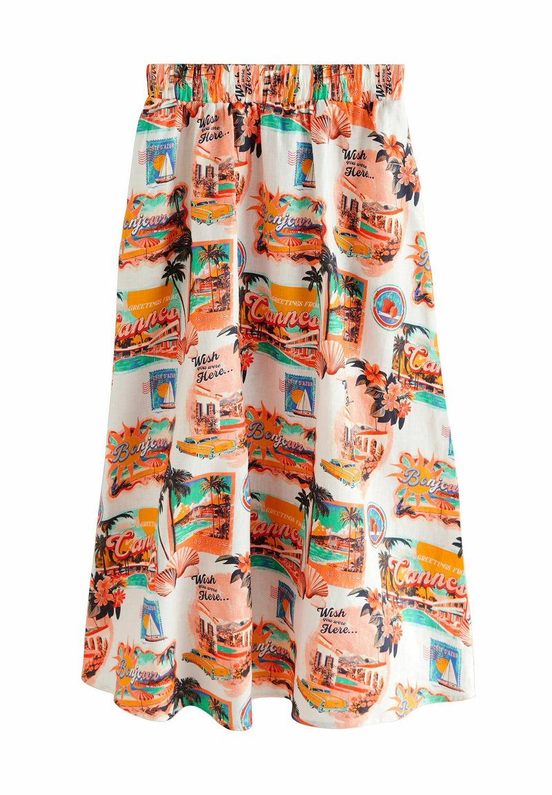 Spódnica na elastycznej talii z lekkiego materiału, z wielokolorowym nadrukiem w stylu vintage przedstawiającym pocztówki z palmami, samochodami i nadmorskimi krajobrazami.