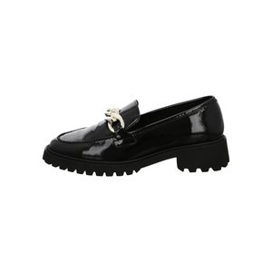 Black patent leather loafer with chunky sole and silver chain detail on upper, side view on white background.