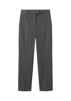 Sive krojene hlače s uzorkom finih pruga, ravnim prednjim dijelom i petljama za remen. Izrađene od glatke tkanine, s klasičnim ravnim krojem hlača.