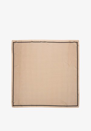 Béžová tkanina s mřížkou malých černých teček, ohraničená pevnou černou linií. Hladká textura, obdélníkový tvar a rovnoměrný vzor po celé ploše.