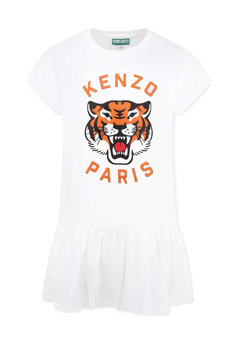 Robe blanche à manches courtes avec un ourlet à volants, présentant un motif de tigre orange et noir et le texte "KENZO PARIS" en police gras.
