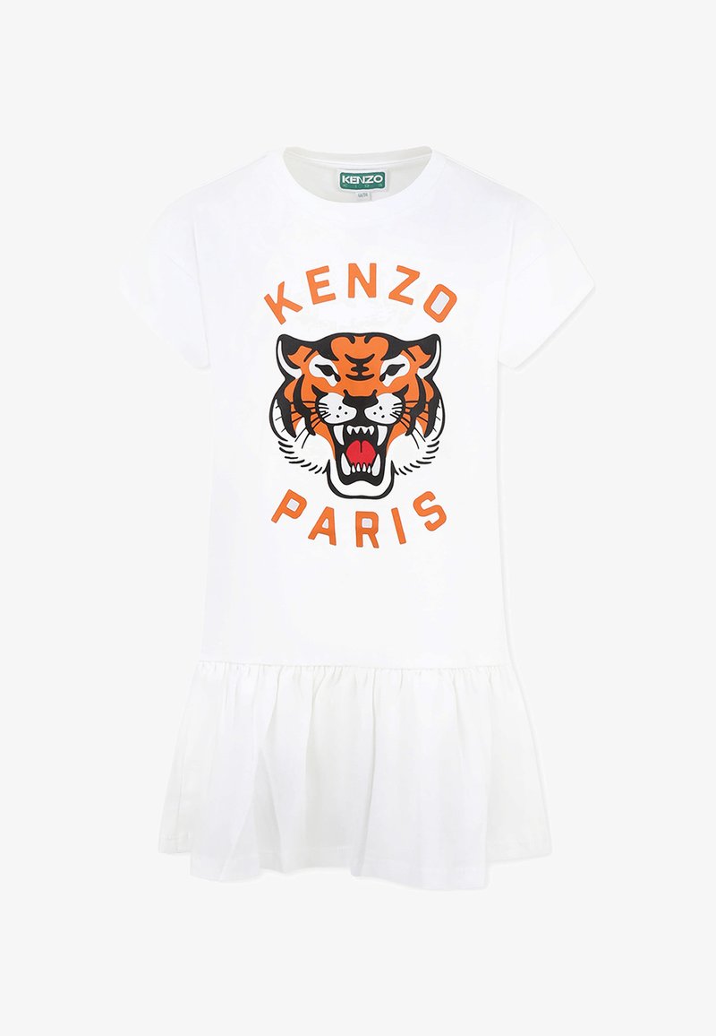 Robe blanche à manches courtes avec un ourlet à volants, présentant un motif de tigre orange et noir et le texte "KENZO PARIS" en police gras.