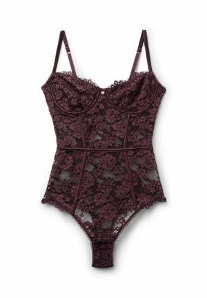 Bordeaux kanten bodysuit met bloemmotief, met beugelcups, verstelbare bandjes en doorzichtige mesh details. Heeft een hartaccent aan de voorkant.