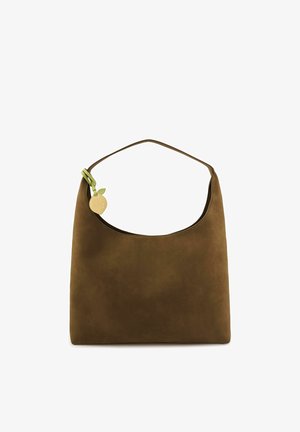 Brown suede tote bag with a single strap and a lemon-shaped charm attached near the top on a white background.