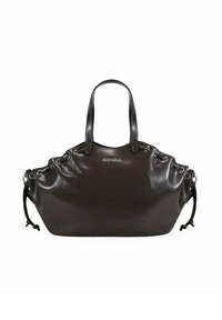 Bolso de piel negra con asas dobles, detalles de cordón en los laterales y logo plateado "BOSANOVA" centrado en la parte frontal.