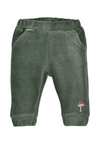 Grüne Cordhosen mit elastischem Bund, zwei seitlichen Taschen und einem Pilz-Patch-Detail am unteren linken Bein. Weicher Stoff, taillierte Passform.