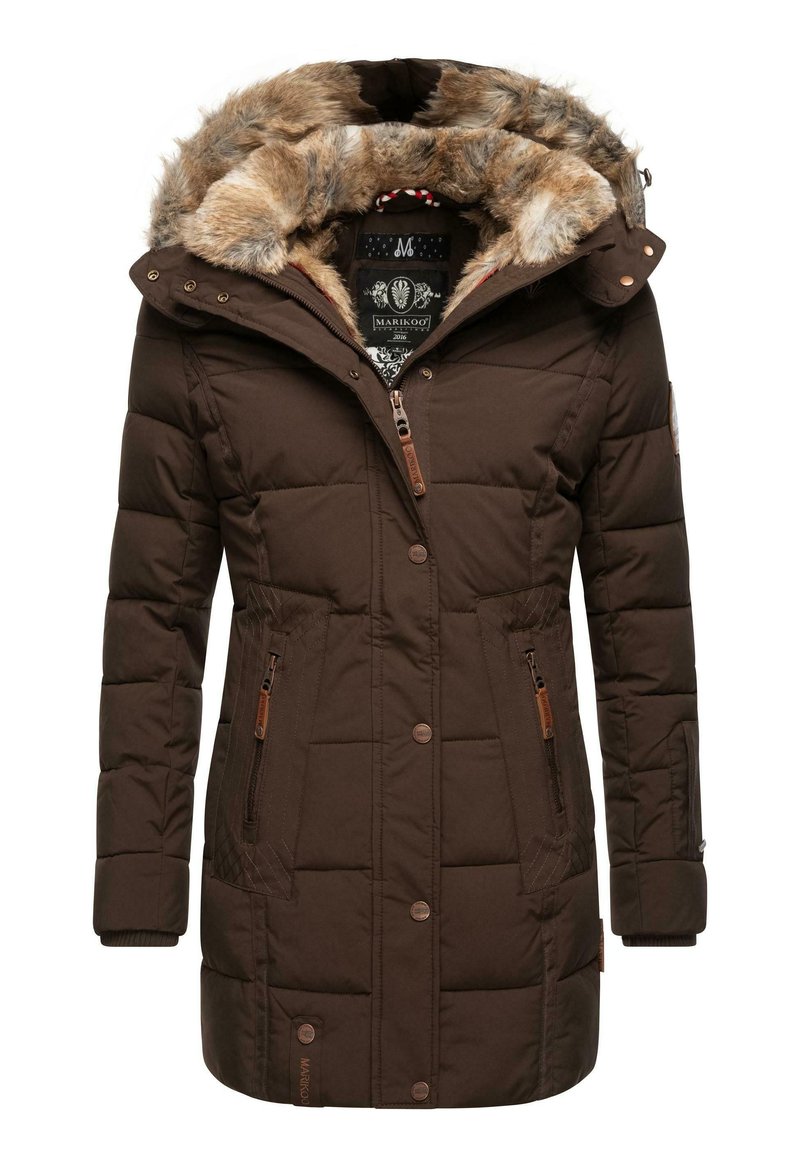 Brown padded coat with a fur-lined hood, zipper and button closures, two side pockets, and ribbed cuffs. Features a quilted design and brand tag.