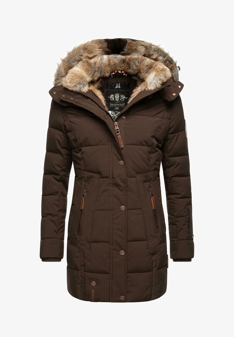 Brown padded coat with a fur-lined hood, zipper and button closures, two side pockets, and ribbed cuffs. Features a quilted design and brand tag.