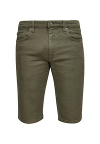 Shorts en jean pour homme de couleur vert olive, arrivant au genou, avec bouton frontal, fermeture éclair, passants pour ceinture et design à cinq poches.
