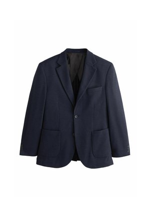 Dunkelblauer Herrenblazer mit Revers mit Kerbe, zwei aufgesetzten Fronttaschen, einer Brusttasche und geknöpften Manschetten, dargestellt auf weißem Hintergrund.