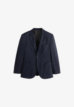 Donkerblauwe herenblazer met ingesneden revers, twee voorvakken met klep, een borstzak en knoopmanchetten, getoond op een witte achtergrond.