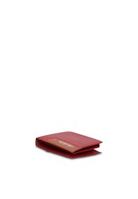 Red leather wallet with a smooth texture, featuring a brown interior. The design is compact and bi-fold, with visible stitching and branding.