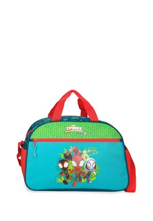 Bolsa tipo duffel infantil con asas rojas, bolsillo delantero azul, parte superior verde y diseño de dibujos animados de Spider-Man y sus amigos en el frente.