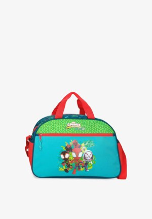 Bolsa tipo duffel infantil con asas rojas, bolsillo delantero azul, parte superior verde y diseño de dibujos animados de Spider-Man y sus amigos en el frente.