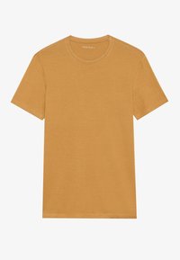 Short-sleeve, round-neck t-shirt in mustard yellow. Made from soft fabric with a smooth texture, featuring clean seams and no embellishments.