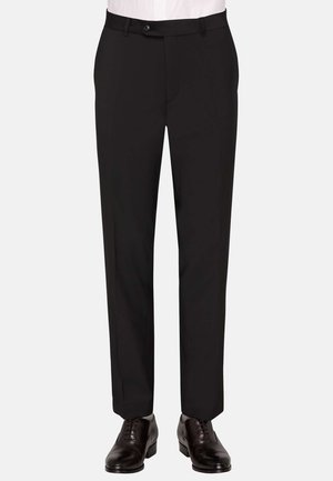 Black formal trousers with a straight cut, crafted from a smooth material. Features a front button closure and subtle crease details.
