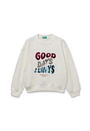 Felpa bianca con testo colorato in paillettes "GOOD DAYS ALWAYS" e testo più piccolo "THE BEST IS YET TO COME" sul davanti.