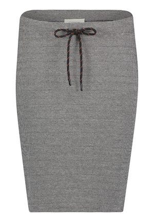 Falda lápiz de talle alto en un patrón de jaspeado en blanco y negro. Presenta una textura suave y un cordón en la cintura.