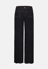 Schwarze Jeans mit weitem Bein, sauber verarbeitet, fünf Taschen und kontrastierenden goldenen Nähten. Rohkante am Saum für zusätzliche Details.