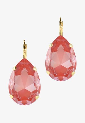 Gold-colored drop earrings featuring large, faceted, pear-shaped pink stones secured with prong settings.