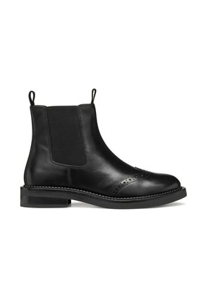 Stivali Chelsea in pelle nera con pannelli elastici laterali, punta rotonda, perforazioni decorative e linguette. Suola in gomma nera resistente.