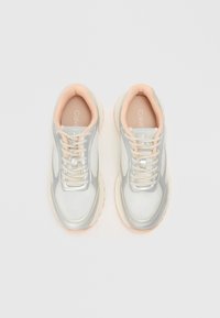 Silver mesh and leather sneakers with peach accents, round toe, lace-up closure, and padded collar for comfort. Signature logo on insole.
