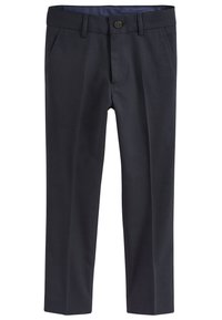 Granatowe spodnie z prostą nogawką wykonane z gładkiego materiału, z przednimi kieszeniami i pojedynczym zapięciem na guzik w talii.