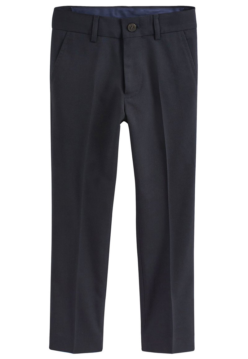 Granatowe spodnie z prostą nogawką wykonane z gładkiego materiału, z przednimi kieszeniami i pojedynczym zapięciem na guzik w talii.