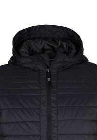 Giacca imbottita nera con chiusura a zip, texture trapuntata e cappuccio regolabile. Tessuto liscio con una leggera lucentezza. Nessun ulteriore dettaglio.