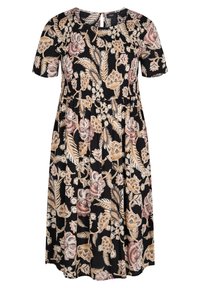 Květinové šaty z černé látky s krátkými rukávy, kulatým výstřihem a elastickým pasem. Ozdobené růžovými a béžovými květinovými vzory.