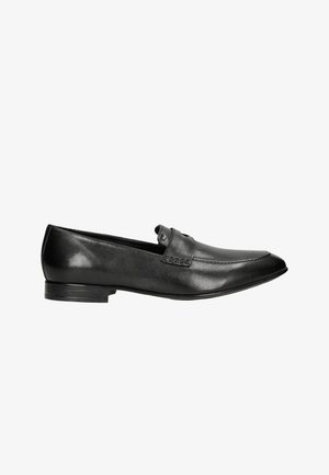 Black leather loafers with a low heel, rounded toe, and decorative stitching. Features a subtle strap across the vamp with a metallic accent.